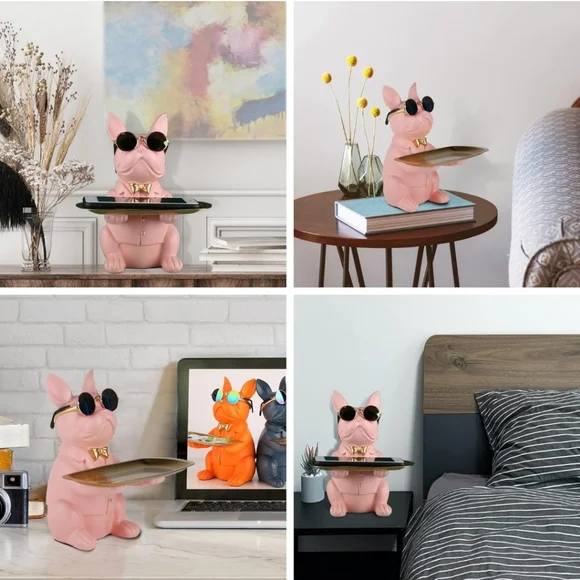 Pink Bulldog Butler Statue with Sunglasses