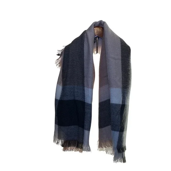 CG Couture Gems Womans Oversized Plaid Fringe Scarf Grey  Taupe White