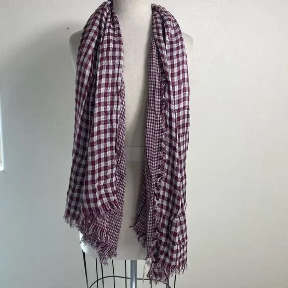 Free People Burgundy and White Checkered Scarf