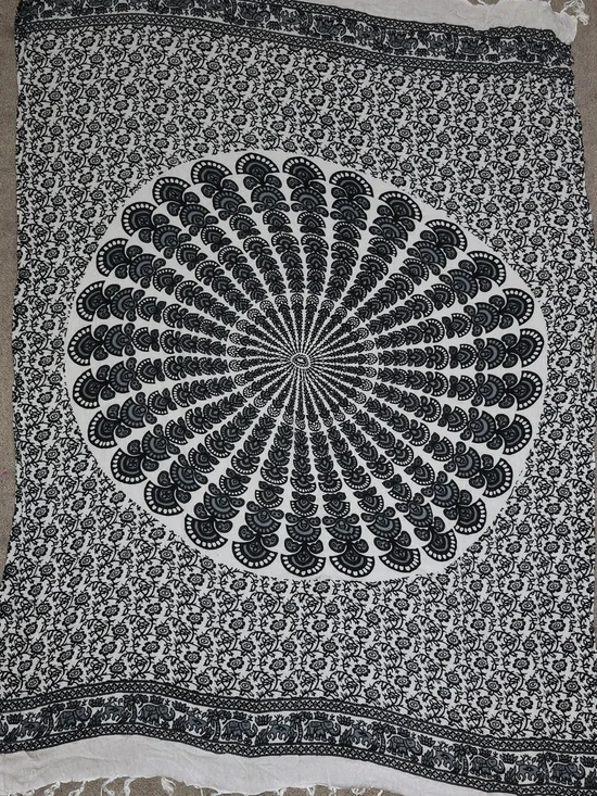 Black and White Beach Sarong, Boho Mandala Wall Tapestry
