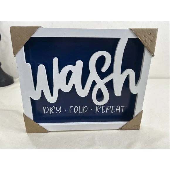 WASH Laundry Room Boxtop With Die Cut Lettering Blue & White 12 X 10 NEW Decor