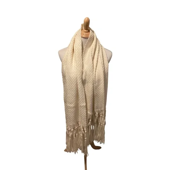 Cream Woven Shawl Scarf Fringed Tassel Textured‎ Boho Wrap Accessory