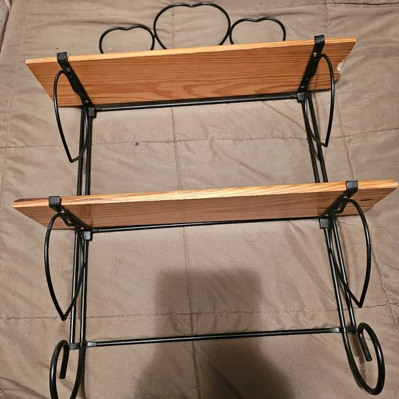 2 tier wrought iron and wooden shelf