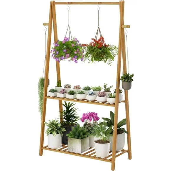 Hanging Plant Shelf Indoor Outdoor Plant Stands Wood Flower Stand 2 Tiered Rack