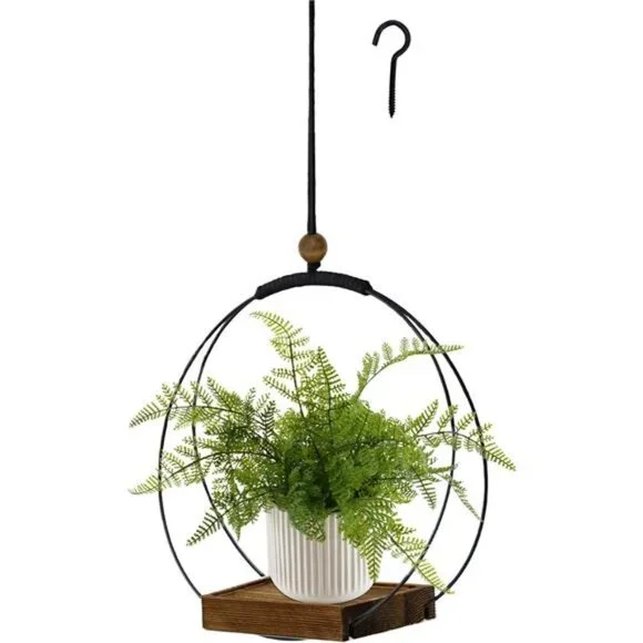 Hanging Planter for Indoor Plants, Black Plant Hanger Indoor with Sturdy Wood