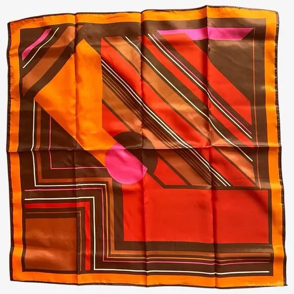 Vtg Totes scarf retro geometric orange brown pink water repellent  26 x 26 sq