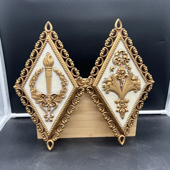 2 Vintage Homco Home Interiors HOLLYWOOD REGENCY Diamond Wall Plaques 7.5