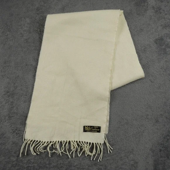100% Cashmere Scarf Made in‎ England Cream Off White Ivory Fringed Old Money