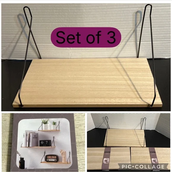 🪵 Set of 3 Floating Wall Shelves w/Metal Brackets 11.75”Wide Modern Home Décor
