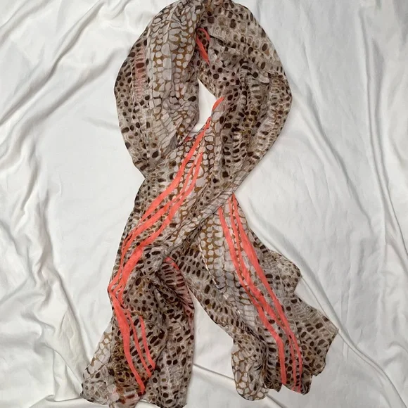 Calvin‎ Klein Leopard Brown Scarf with Neon Coral Stripes