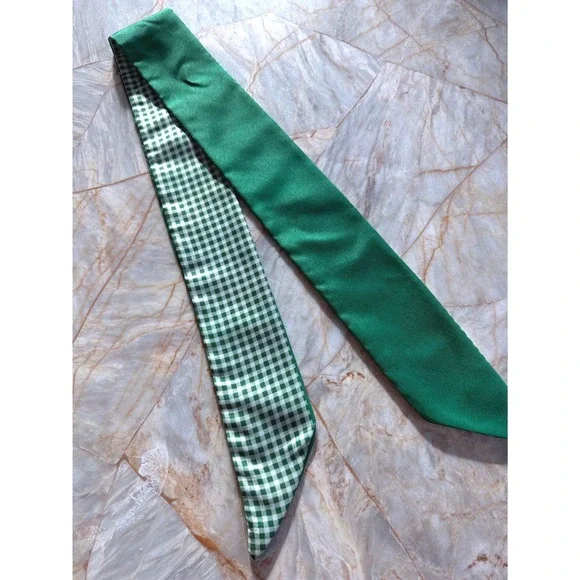 Green Satin Skinny Scarf Reversible Gingham Check Neck Tie Hair Ribbon 32 Inch