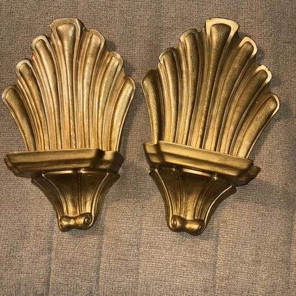 Vtg Scallop Shape Gold Hollywood Regency Sconce Shelf’s Set of 2