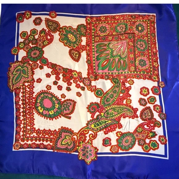 Roma Silky Scarf Italian Fashion‎ Blue Paisley Floral Square Scarf