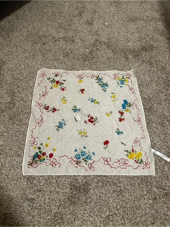 Vintage Floral Cotton Bandana Scarf - White with Red, Yellow & Blue Flowers