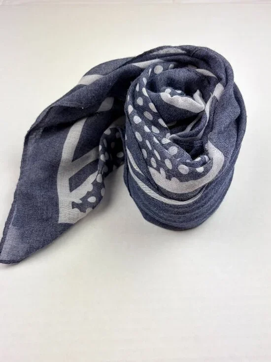 Lands' End Blue & White Rectangle Scarf With Lines & Dots 75