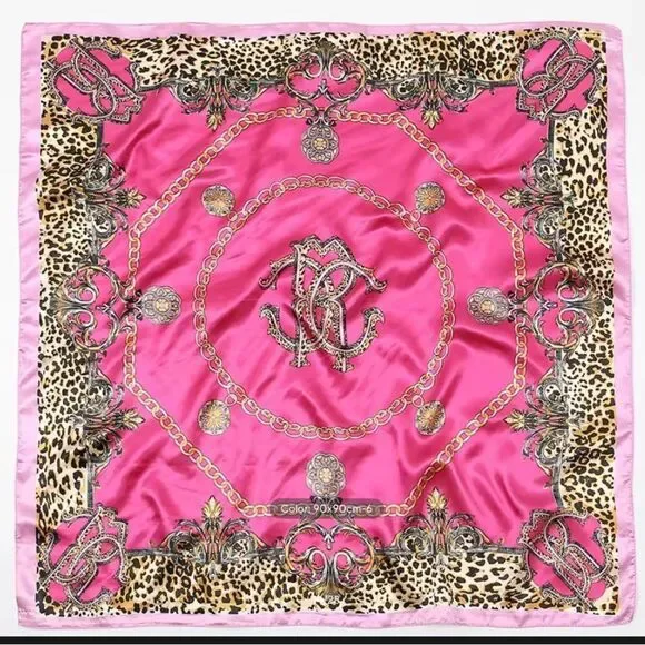 NEW! Hot Pink Silky Satin Square Scarf Leopard Printed Head