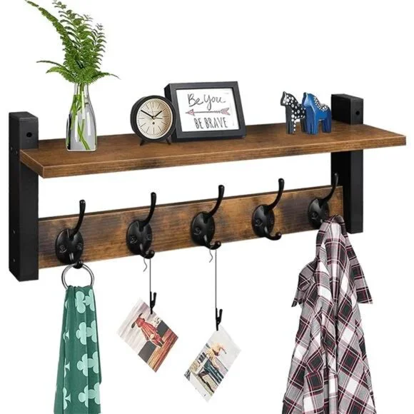 Wall Hooks with Shelf, Wood Coat Rack with Shelf Wall-Mounted, Entryway Hanging