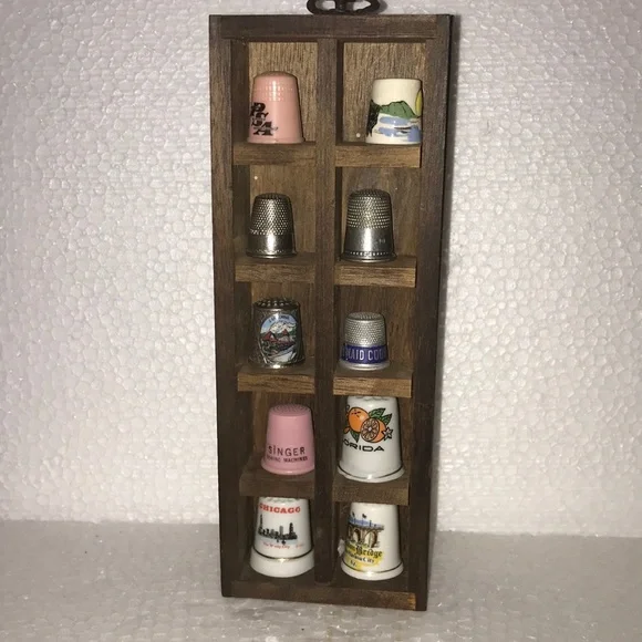 Wooden Thimble Display Case with Assorted Thimbles