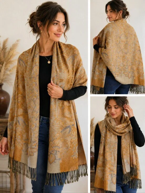 Reversible Ochre Floral Woven Shawl Scarf Fringe Wrap