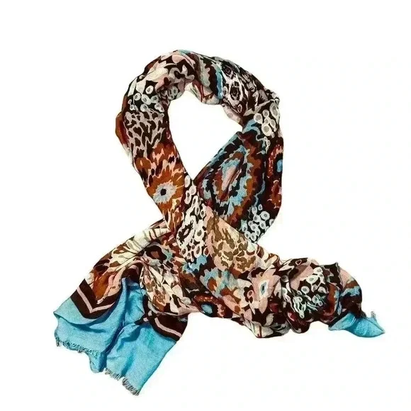 Vera Bradley Women's Floral Scarf Beige Brown Blue Fringe Fall Fashion
