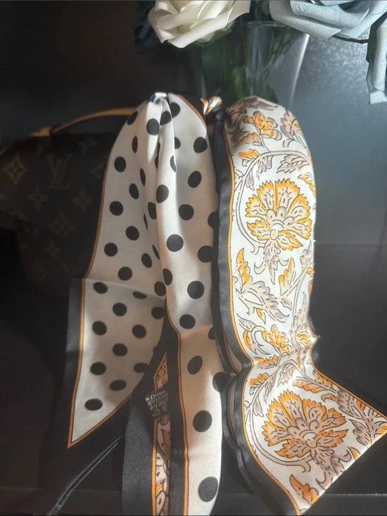 Polka Dot & Floral Twilly Scarf in Black, White & Yellow