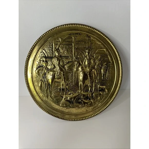 Vintage Hammered Brass Wall Plate Traditional English Fox Hunting Scene