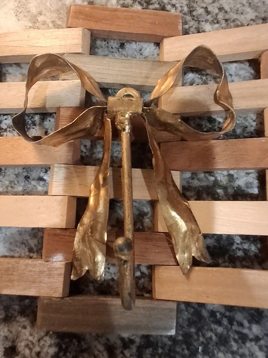 Vintage Brass Ribbon Bow Wall Hook | Hollywood Regency Gold Tone Decorative Coat