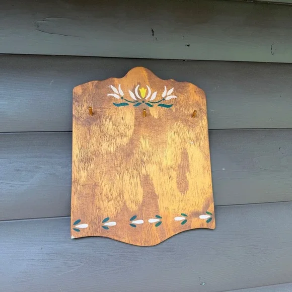 Vintage Wooden Wall Hanging Key Rack Brown Hand Painted Floral Folk Art Decor