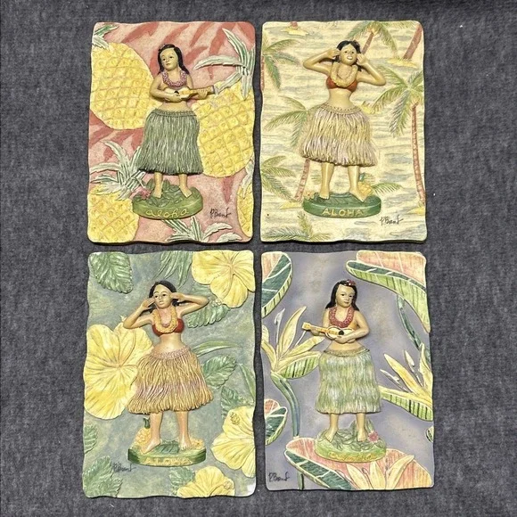 4 Vtg ALOHA Wall Plaque 3D Hula Woman & Ukulele Hawaii 4.5