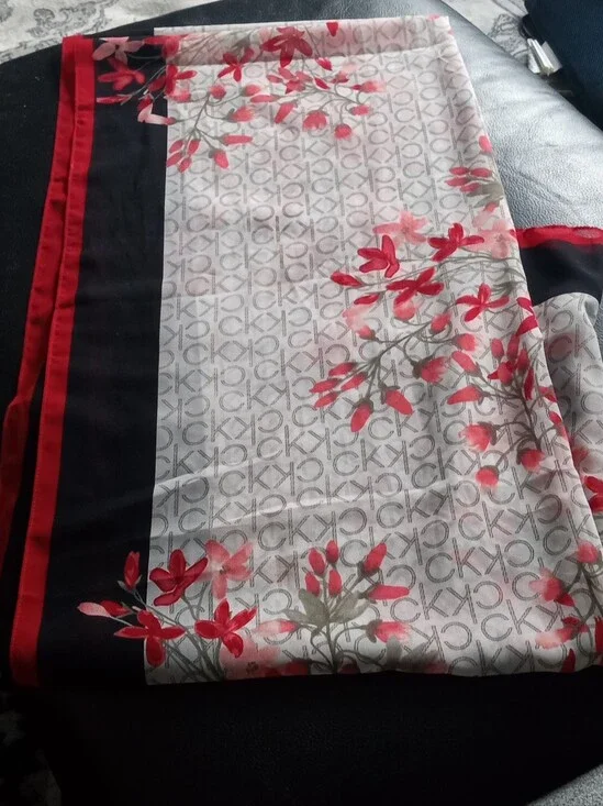 Calvin Klein Floral Logo Scarf in White, Red & Black