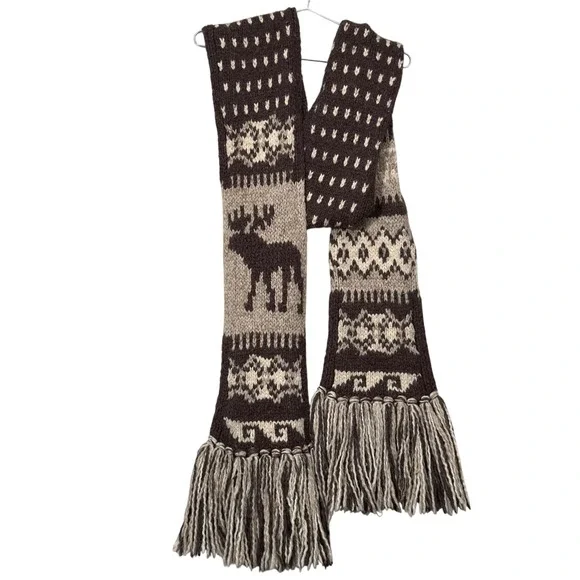 Abercrombie & Fitch Scarf Unisex OS Brown Vintage Moose Fair Isle Fringe Knit