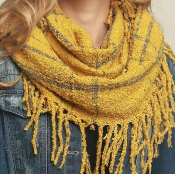 Falls Creek Yellow White‎ Plaid Fringed Infinite Scarf