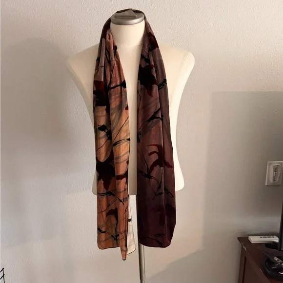 Lisa Kiss Elegant Brown and Black Women's Hand Painter Silk Blend Scarf 68”x10”