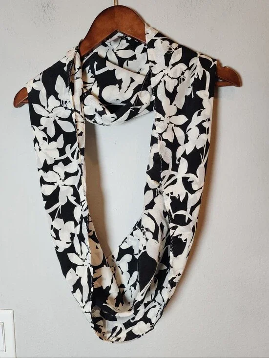 J. Jill 100% Silk Infinity Scarf Black White Floral