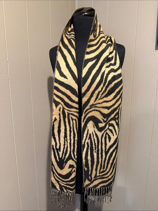 Cashmink Acrylic Zebra-Print Fringe Wrap Scarf in Black and Tan