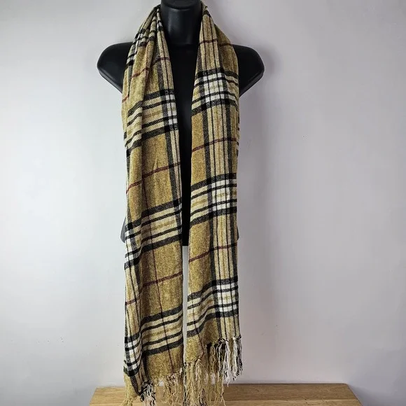 Nova Check Womens One Size Scarf Tan Velvet Plaid Rectangle Soft Classic‎ Wrap