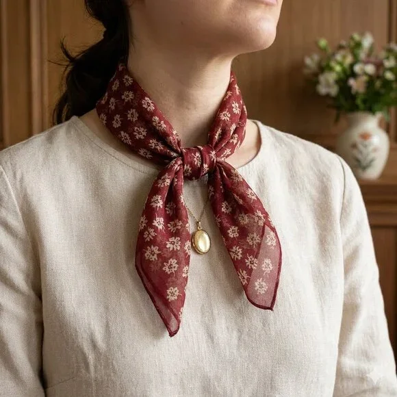 Silk Chiffon Floral Print Scarf 21” Square Burgundy Ivory Sheer Boho