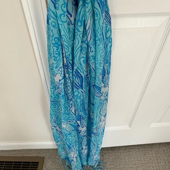 Lilly Pulitzer Blue Teal Swirl Silk-Cashmere Scarf