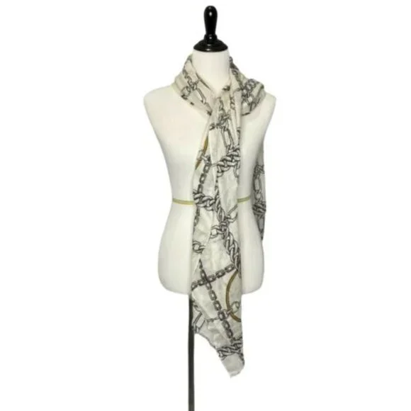 Women's‎ Scarf White Cream Silver Gold Link Equestrian Chain Rope Elegant Fray