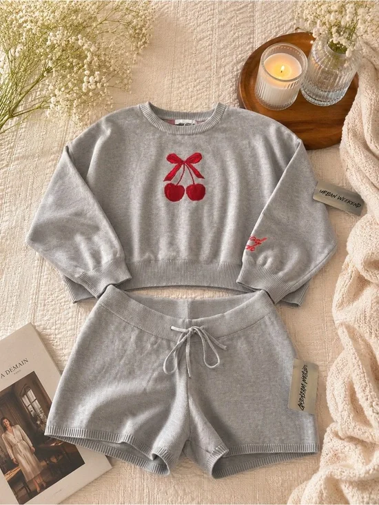 Urban Weekend Gray Cherry Knit 2-Piece Set NWT 🍒