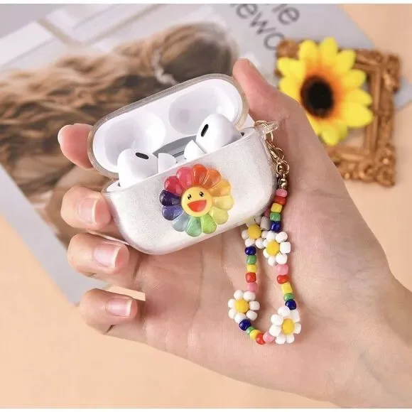 AirPod Pro 2nd Generation Clear Glitter Bracelet Case - Smile SunFlower Design