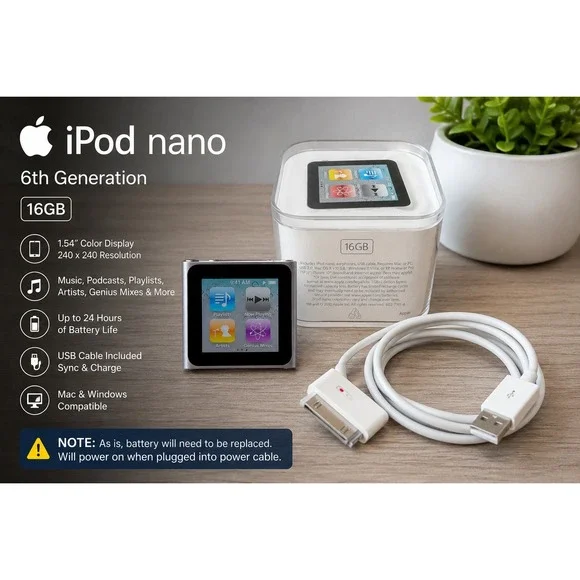 Apple iPod Nano 6th Gen 16GB Graphite A1366 w/ Case & Cable Needs Battery