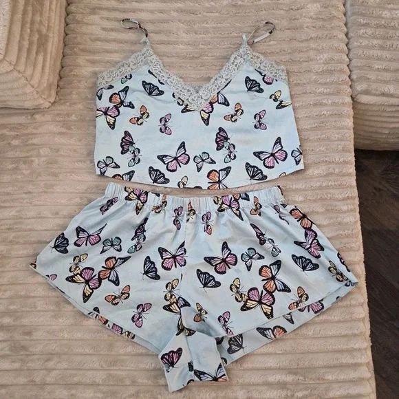Colsie Butterfly Pajama Set Light Blue Cami Shorts M Top XS Lace Trim Satin