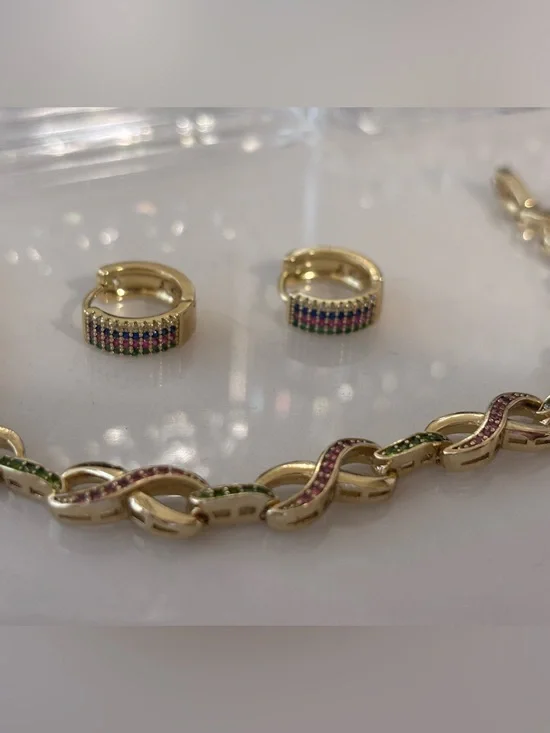 Gold filled -Multicolor CZ Hoop Earrings and Bracelet Set
