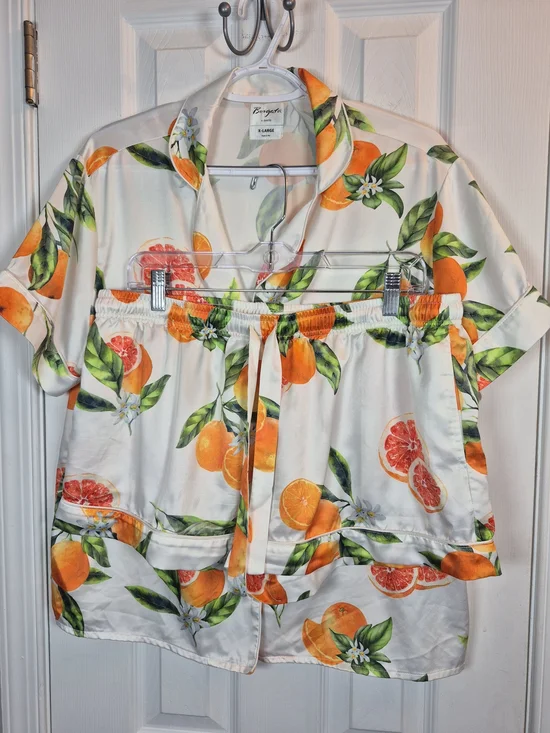 Borgata by Averie Satin Orange Citrus Print Pajama Set XL Fruitcore Loungewear