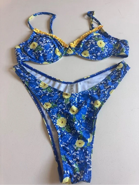 Blue Floral Two-Piece Bikini with Yellow Accents
