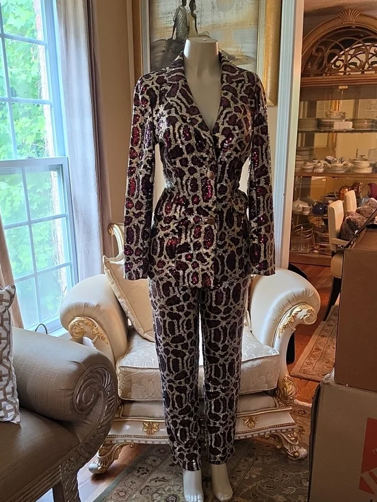 Sequin Animal-Print Blazer & Pant Set - Wine and Black .N.W.T.