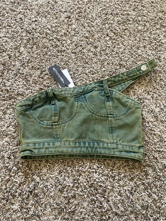 PrettyLittleThing Green Cast Denim Bandeau Top Size 2 Asymmetric Frayed Corset