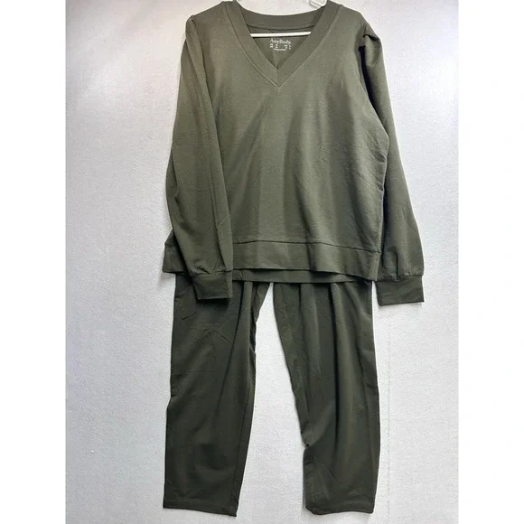 AnyBody Women's Green 2-Piece Sweatsuit Set V-Neck Pullover Elastic Waist Size M
