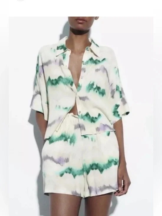 Zara Tie-Dye Matching Set Button-Down Shirt Breathable Elastic Waist Shorts XS